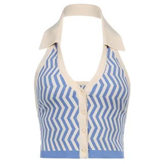 Blue and White Striped Sexy Halter Neck Deep V-neck Knitted Vest - Blue