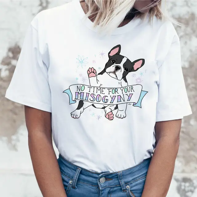 Cartoon Animal Cat And Dog Print Slim Round Neck Street Trendy Women's Shirt - Shop at LoveMi