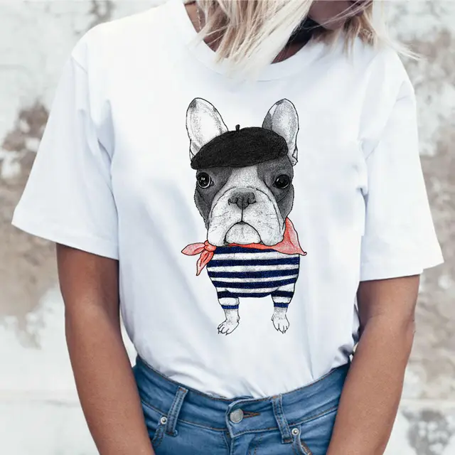 Cartoon Animal Cat And Dog Print Slim Round Neck Street Trendy Women's Shirt G - Shop at LoveMi