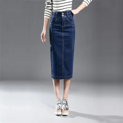 High Stretch Mid length Hip Slit One step Skirt With High Waist Blue - Shop at LoveMi