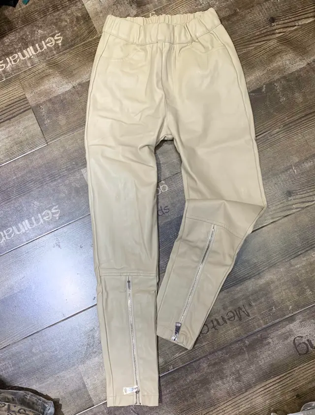 Elastic Waist Trousers Leg Zipper Decoration Plus Velvet Thick Leather Pants Leggings Beige - Shop at LoveMi