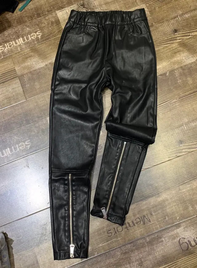 Elastic Waist Trousers Leg Zipper Decoration Plus Velvet Thick Leather Pants Leggings Black - Shop at LoveMi