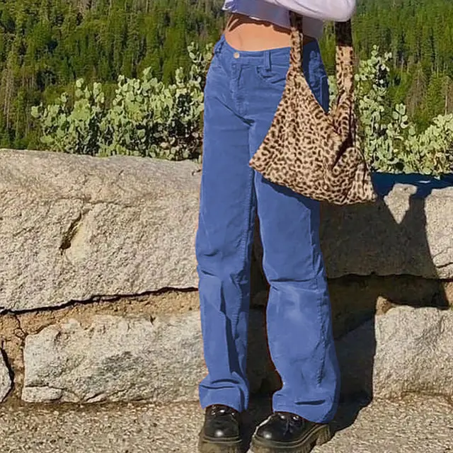 New Sexy Women's Corduroy Plain Casual Straight Pants Light Blue - Shop at LoveMi