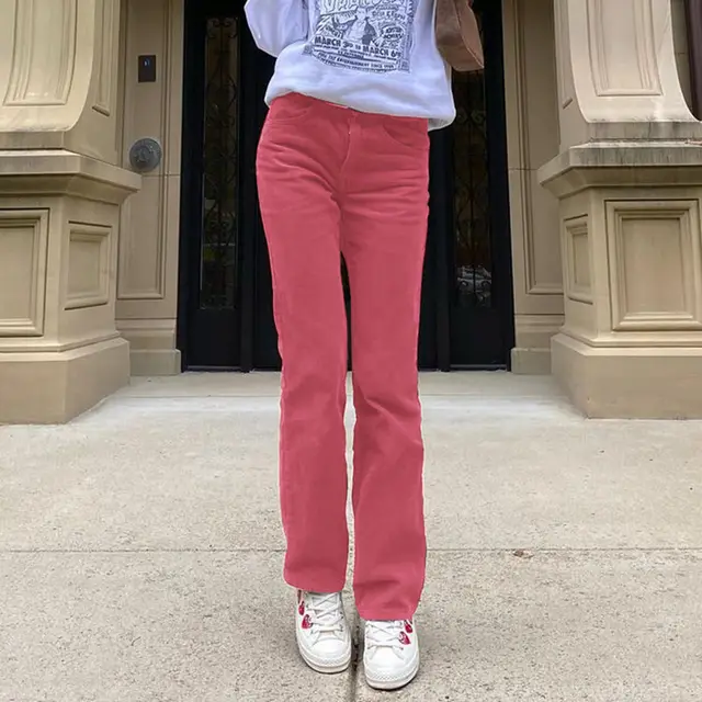 New Sexy Women's Corduroy Plain Casual Straight Pants Pink - Shop at LoveMi