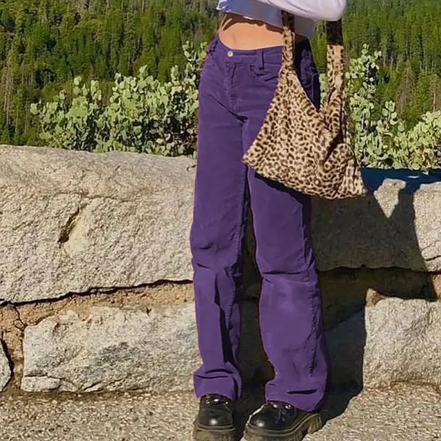 New Sexy Women's Corduroy Plain Casual Straight Pants Purple - Shop at LoveMi