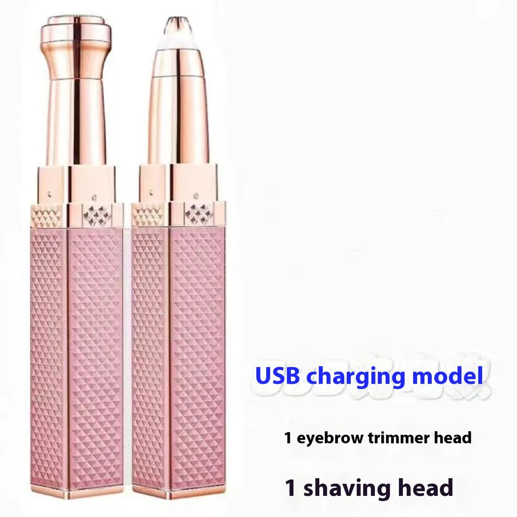USB Rechargeable Lipstick Shaver 2 in 1 Ladies Eyebrow Trimmer - Rose Gold
