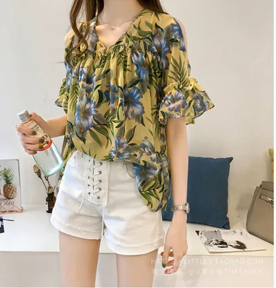 New Sweet Flared Sleeve Printed Off the shoulder Chiffon Shirt Yellow - Shop at LoveMi