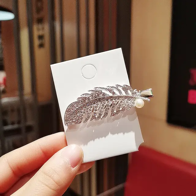 Korean Temperament Net Red Feather Rhinestone Pearl Hairpin Metal Duckbill Clip Silver - Shop at LoveMi