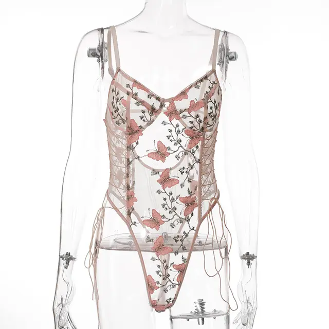 Autumn Lace Embroidery Sexy Body Shaping Bodysuit Pink - Shop at LoveMi