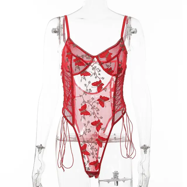 Autumn Lace Embroidery Sexy Body Shaping Bodysuit Red - Shop at LoveMi