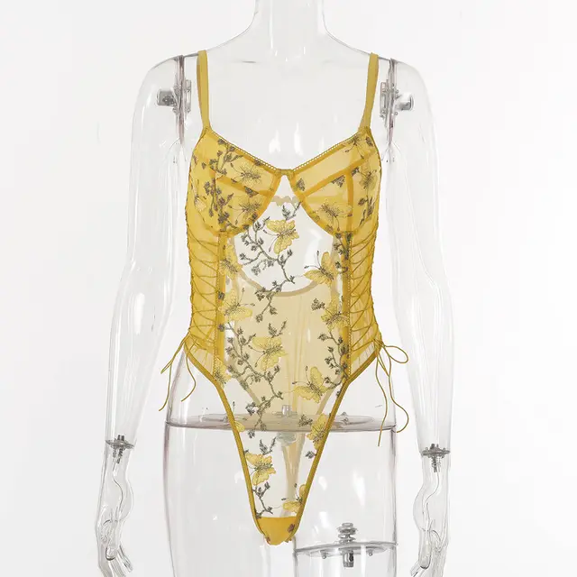 Autumn Lace Embroidery Sexy Body Shaping Bodysuit Yellow - Shop at LoveMi