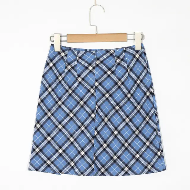 Blue Diagonal Plaid High Waist Bag Hip Slit Short Skirt Blue - Shop at LoveMi
