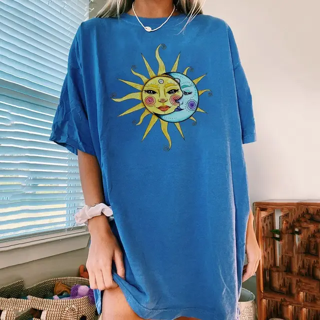 Sun And Moon Print Crew Neck T shirt Blue - Shop at LoveMi