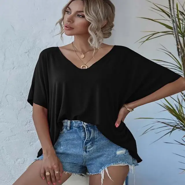 Simple Casual Loose V Neck Bat Sleeve Women's Short Sleeve Black - Shop at LoveMi