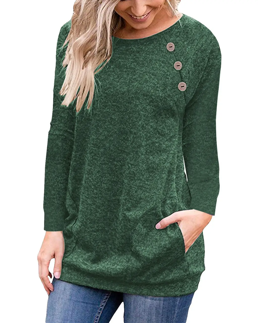 Ladies Round Neck Raglan Button Stitching Long-Sleeved Top - Green
