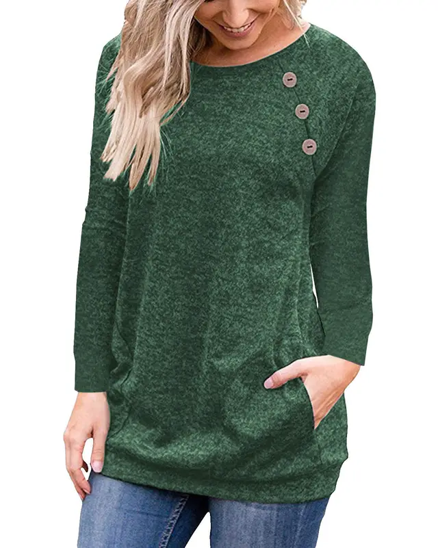 Ladies Round Neck Raglan Button Stitching Long Sleeved Top Green - Shop at LoveMi