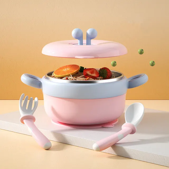 Baby Tableware Stainless Steel Bowl Baby Water Infusion Heat Preservation Bowl Supplementary Food Bowl Suction Cup Spoon Set Pink - Shop at LoveMi