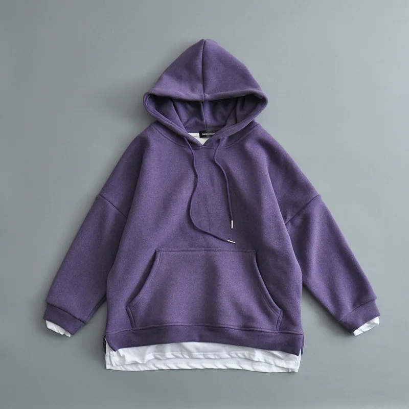 Plus Velvet Thick Loose Fake Two-piece Hooded Sweater Women - Purple
