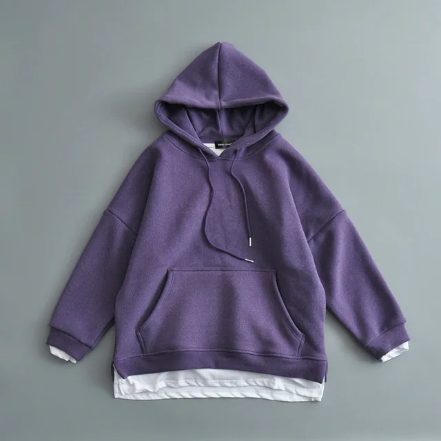 Plus Velvet Thick Loose Fake Two piece Hooded Sweater Women Purple - Shop at LoveMi