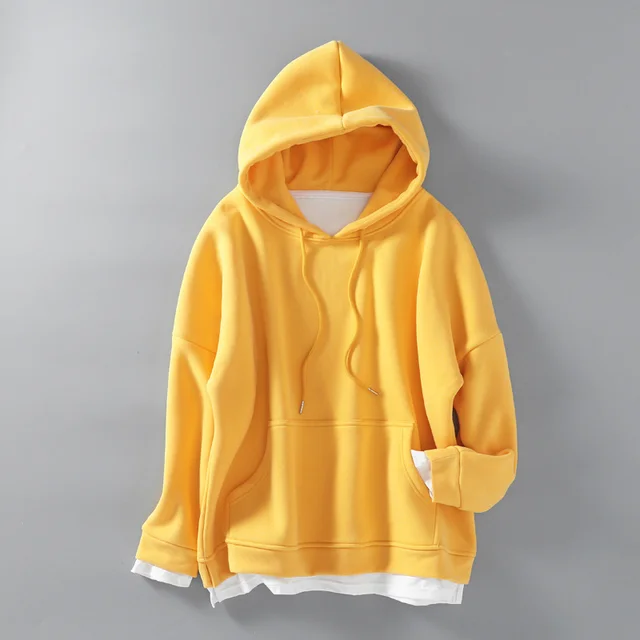 Plus Velvet Thick Loose Fake Two piece Hooded Sweater Women Yellow - Shop at LoveMi