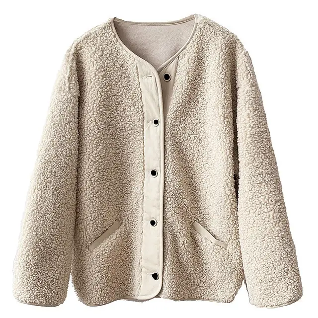Short Lamb Hair Loose All match Stitching Fur Short Coat Beige - Shop at LoveMi