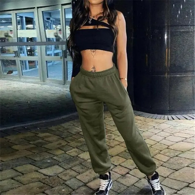 Women's Elastic Waistband Letter Print Sweatpants Army Green - Shop at LoveMi