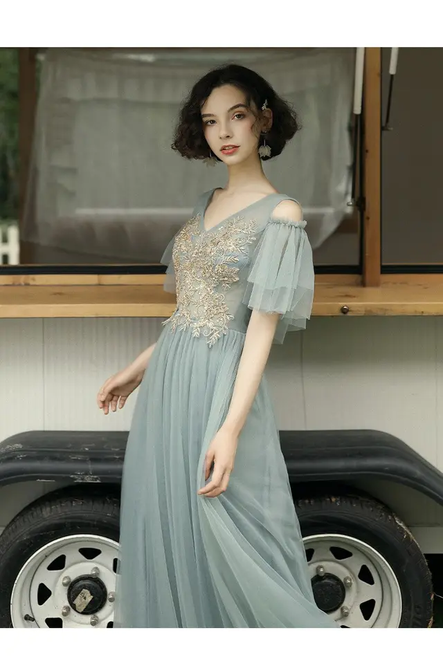 Summer Long Sleeved Meat Covering Evening Dress Grey - Shop at LoveMi