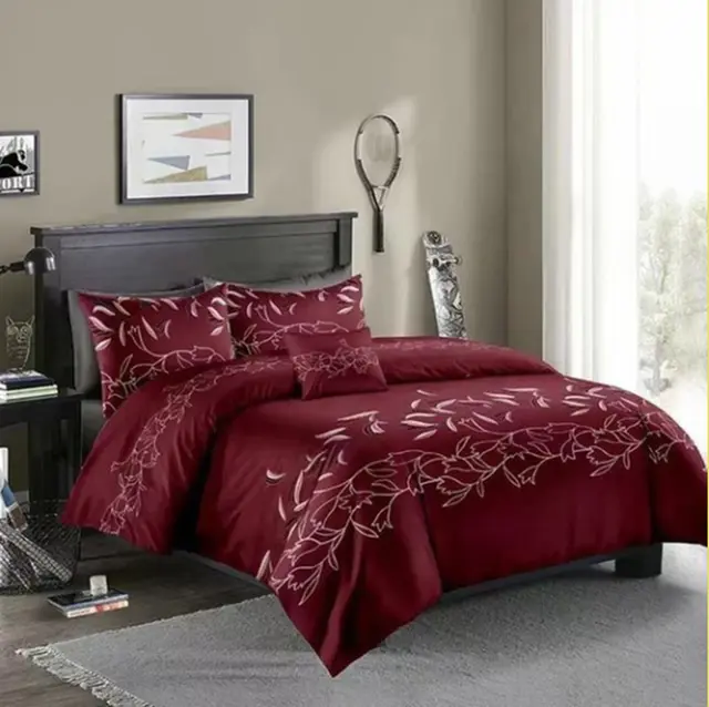 Three piece Simple Plain Black Printing Bedding Set Wine Red - Shop at LoveMi