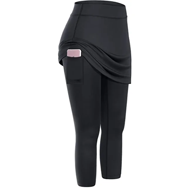 Women Tennis Skirted Leggings Pockets Elastic Sports Yoga Capris Skirts Legging Black - Shop at LoveMi