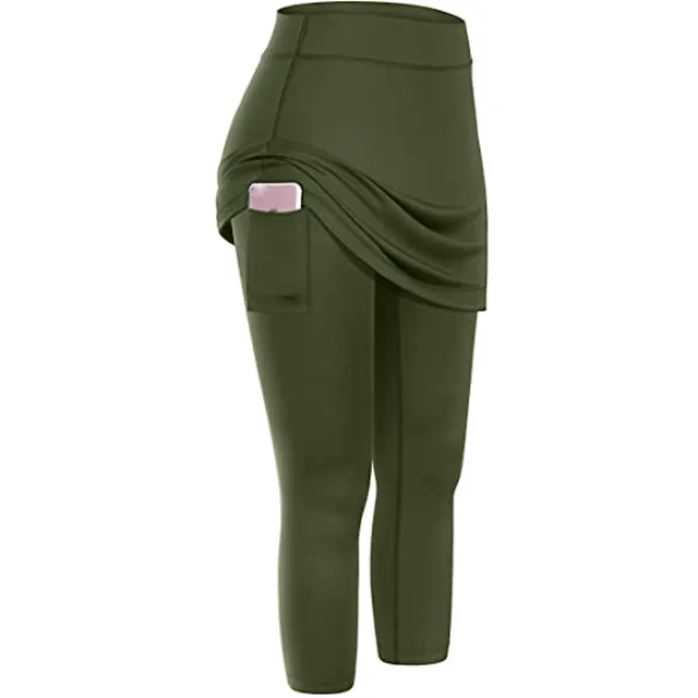 Women Tennis Skirted Leggings Pockets Elastic Sports Yoga Capris Skirts Legging Green - Shop at LoveMi