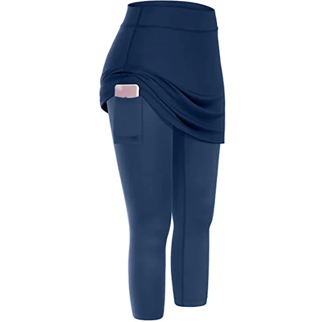 Women Tennis Skirted Leggings Pockets Elastic Sports Yoga Capris Skirts Legging Navy Blue - Shop at LoveMi