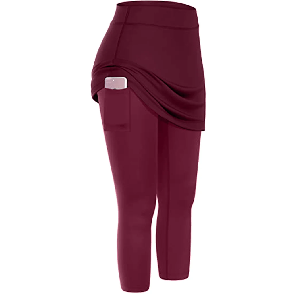 Women Tennis Skirted Leggings Pockets Elastic Sports Yoga Capris Skirts Legging - Wine Red