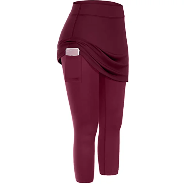 Women Tennis Skirted Leggings Pockets Elastic Sports Yoga Capris Skirts Legging Wine Red - Shop at LoveMi