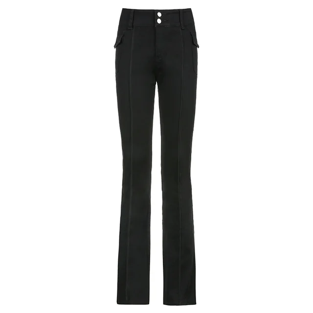 Retro Side Pocket Low Waist Micro Cut Trousers Female Slim Denim Trousers Black - Shop at LoveMi