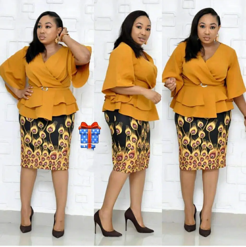 Slim Women's Printed V-Neck Lotus Leaf Top Half Skirt Suit - Yellow