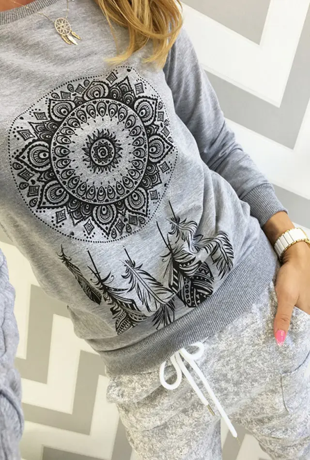 European and American Printed Round Neck Long Sleeve Women's Sweater Grey - Shop at LoveMi