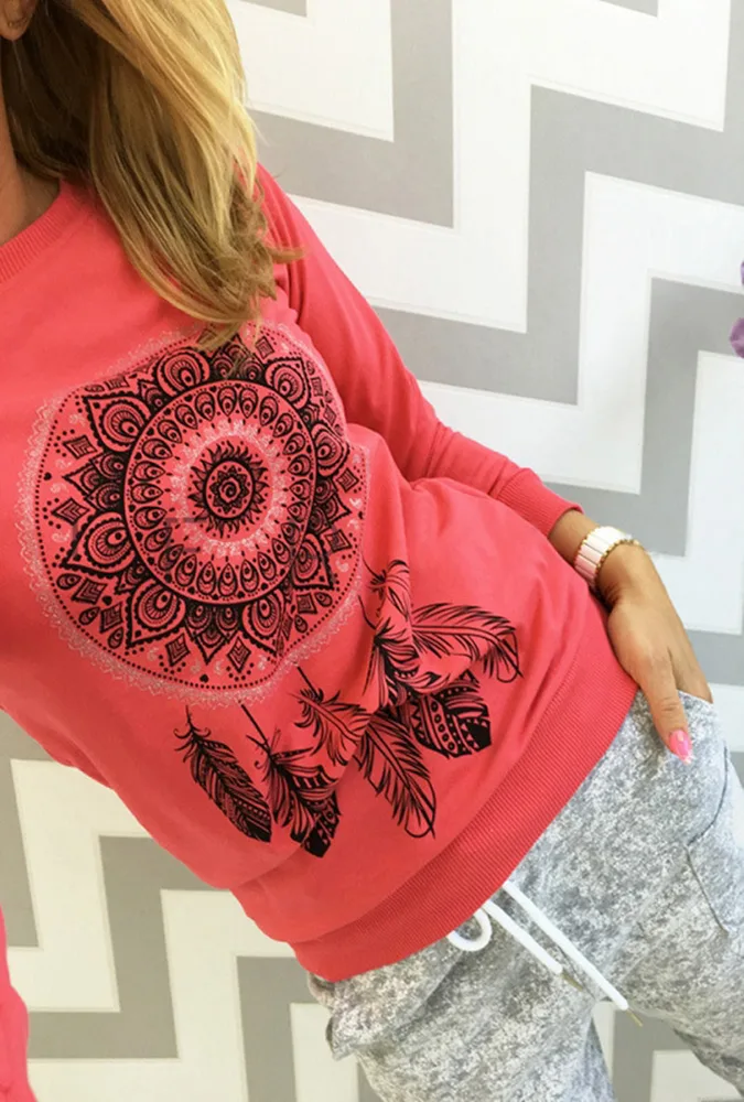 European and American Printed Round Neck Long Sleeve Women's Sweater - Red