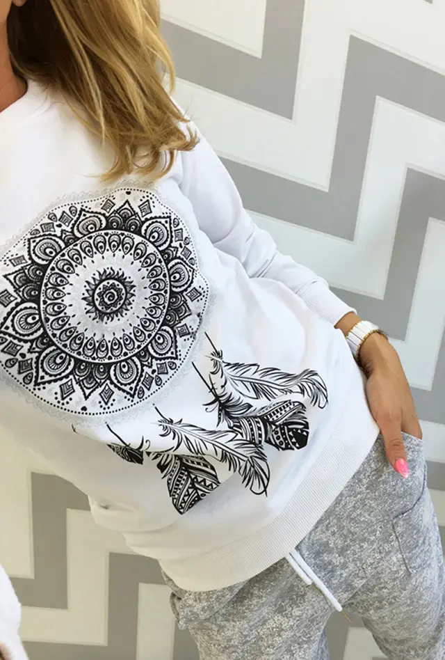 European and American Printed Round Neck Long Sleeve Women's Sweater White - Shop at LoveMi