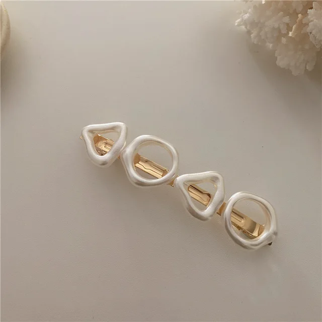 Korean RetroGeometric Color Spring Clip Girl Color Imitation Pearl Hairpin Beige - Shop at LoveMi