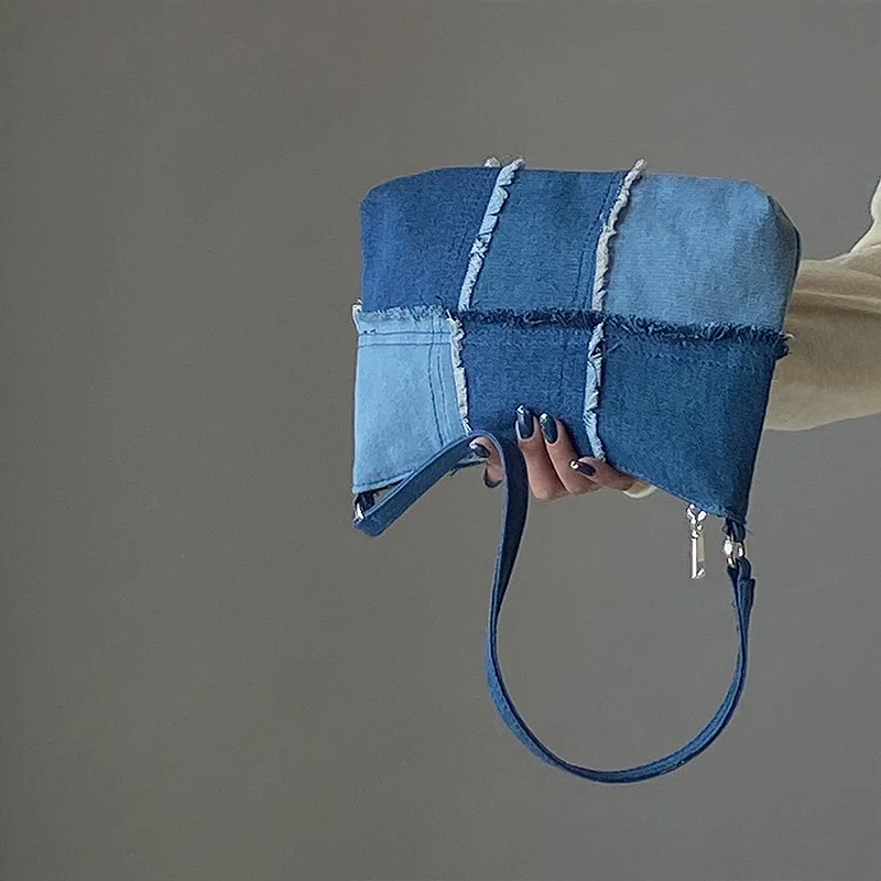 Niche Design Denim Stitching Casual Underarm Bag Blue - Shop at LoveMi