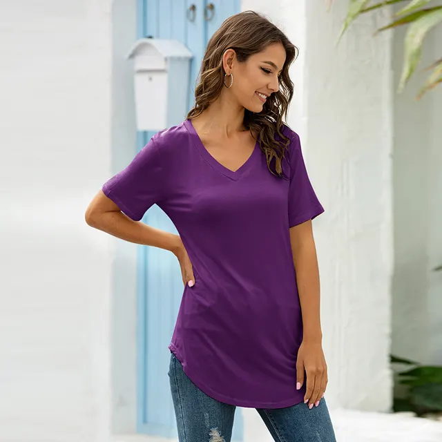 Fashion V Neck Short Sleeved Dovetail Loose T Shirt Purple - Shop at LoveMi