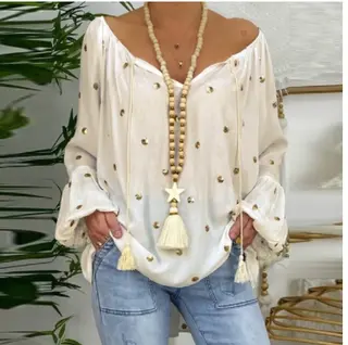 Loose Lantern Sleeve Hollow V-Neck Top - White