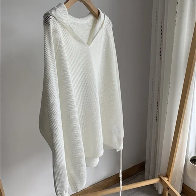 Hollow Hooded Sweater style Sweater Blouse White - Shop at LoveMi