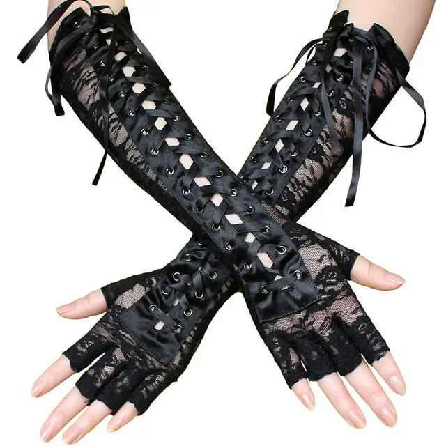 Long Half Finger Lace Tie Ribbon Rivet Gloves Black - Shop at LoveMi