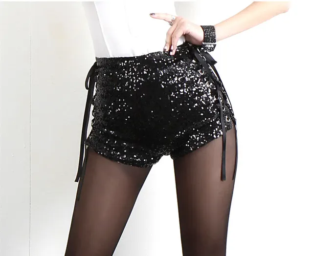 High Waist Sexy Strappy Cutout Sequin Shorts Black - Shop at LoveMi