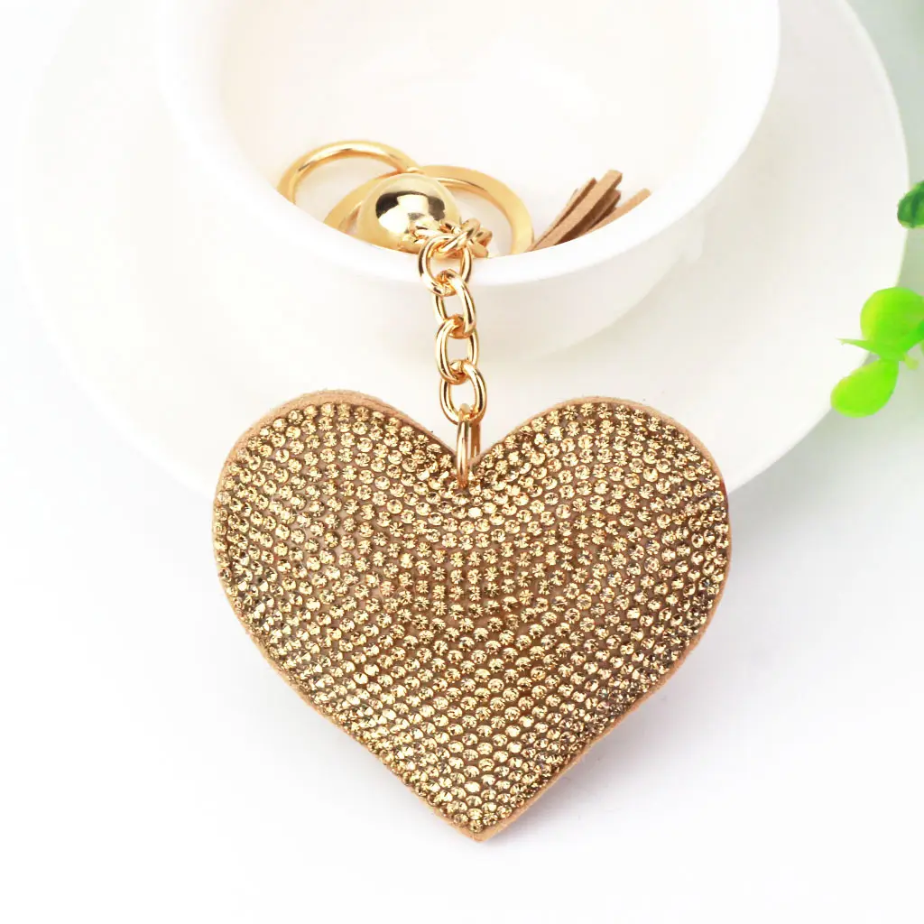 Peach Heart Hot Rhinestone Leather Advertising Keychain - Khaki