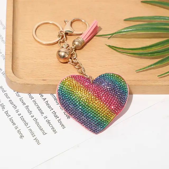 Peach Heart Hot Rhinestone Leather Advertising Keychain Rainbow - Shop at LoveMi