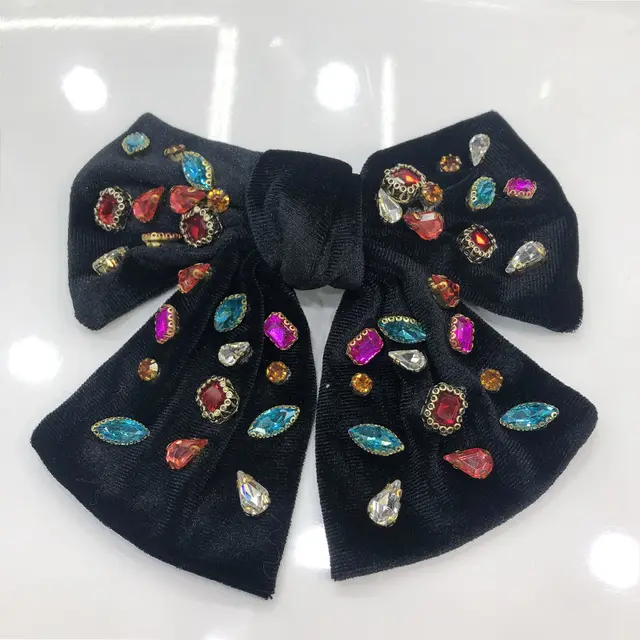 Big Bow Full Rhinestone Denim Retro Spring Clip Black - Shop at LoveMi
