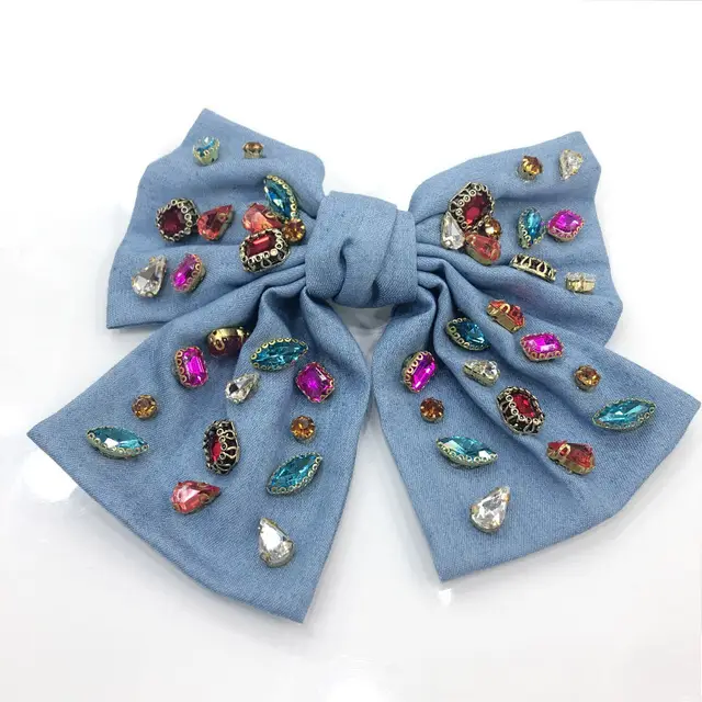 Big Bow Full Rhinestone Denim Retro Spring Clip Blue - Shop at LoveMi