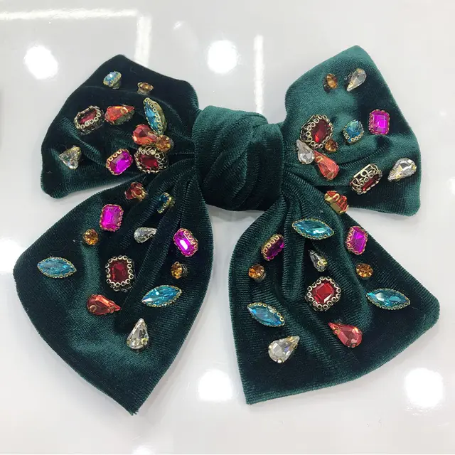 Big Bow Full Rhinestone Denim Retro Spring Clip Green - Shop at LoveMi